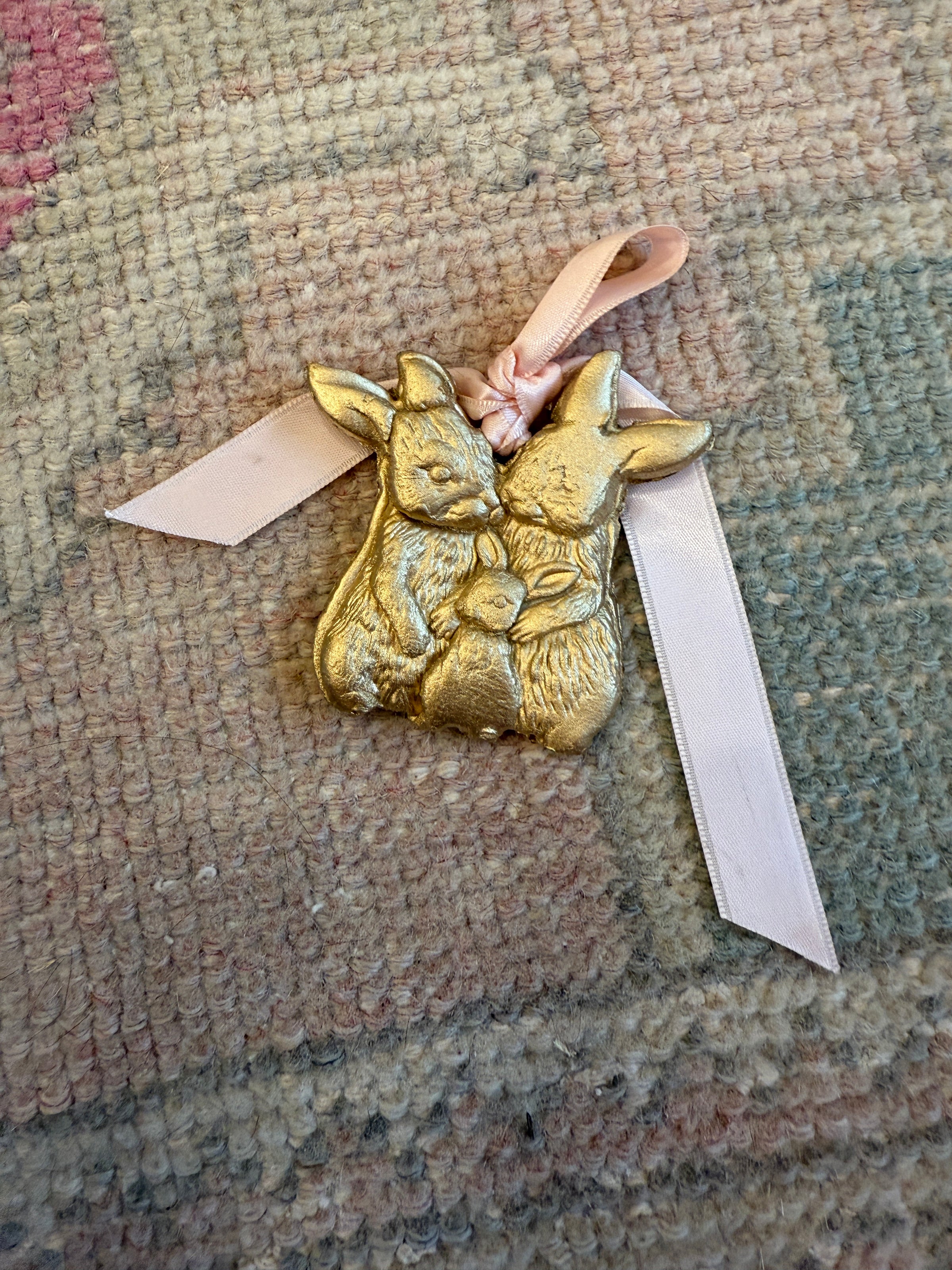 gold bunny clay easter ornament on satin ribbon