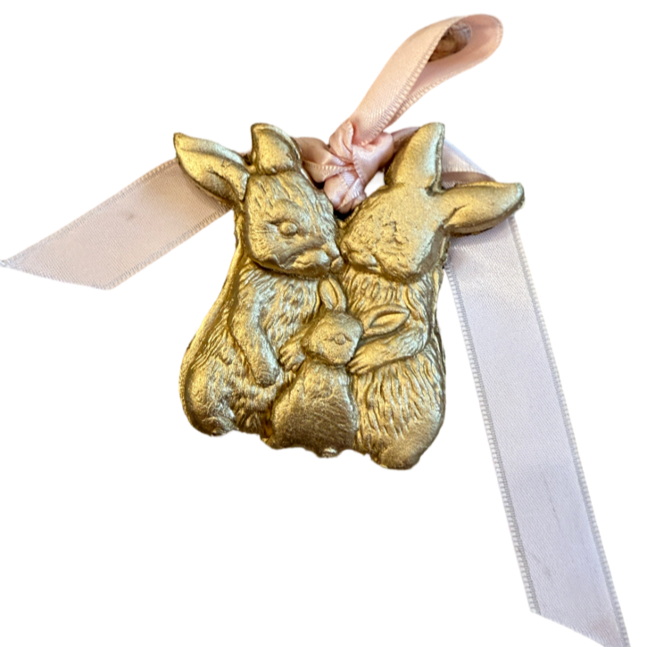 gold bunny clay easter ornament on satin ribbon