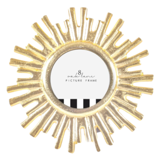 gold starburst picture frame, 4x6 photo frame, elegant gold photo frame, metallic picture frame, modern glam picture frame, gold tabletop frame, giftable photo frame, gold frame for special memories, decorative photo frame 4x6, aluminum starburst frame