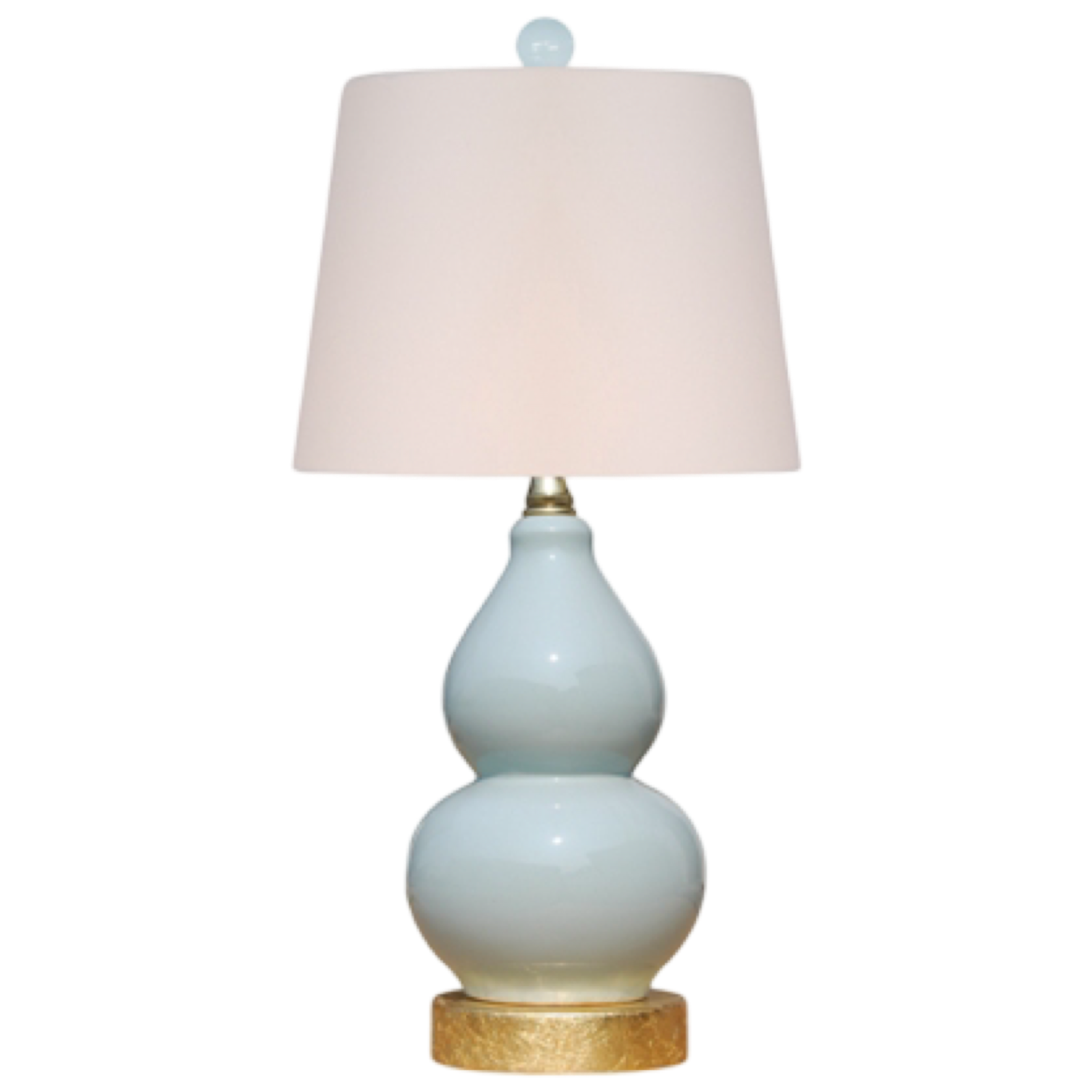 Table lamp with a white shade and light blue ceramic base on a white background