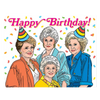 Cartoon illustration of four women celebrating a birthday with colorful hats and confetti.
