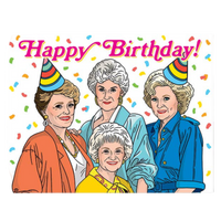 Cartoon illustration of four women celebrating a birthday with colorful hats and confetti.