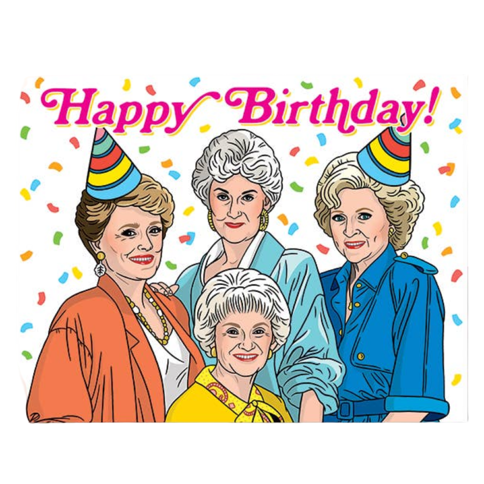 Cartoon illustration of four women celebrating a birthday with colorful hats and confetti.