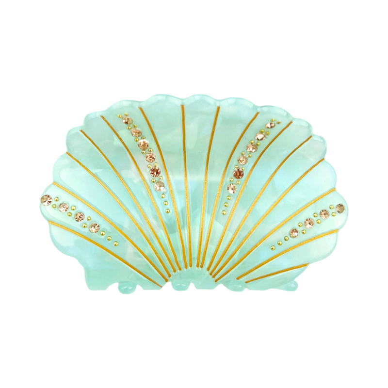 Green acetate shell-shaped claw clip decorated with sparkling rhinestones.
