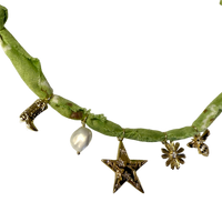 green bandana necklace, pearl charm necklace, bee daisy necklace, star charm jewelry, Mandriana bandana, handmade one-of-a-kind necklace, boho charm scarf, western cowgirl accessory, statement bandana necklace, layered bohemian jewelry