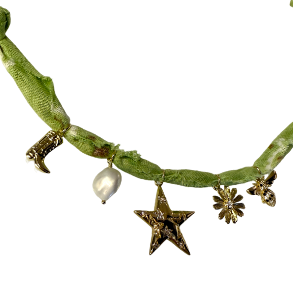 green bandana necklace, pearl charm necklace, bee daisy necklace, star charm jewelry, Mandriana bandana, handmade one-of-a-kind necklace, boho charm scarf, western cowgirl accessory, statement bandana necklace, layered bohemian jewelry