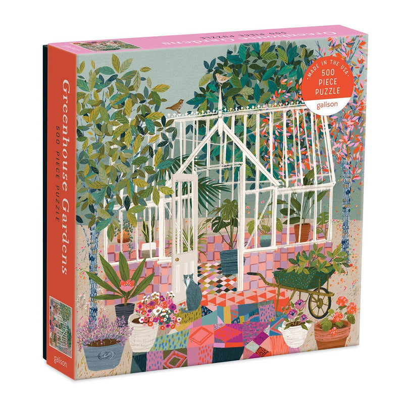 greenhouse puzzle, garden puzzle, Galison puzzle, 500 piece jigsaw, plant lover gift, colorful garden puzzle, USA made puzzle, recycled paper puzzle, puzzle for adults, floral puzzle