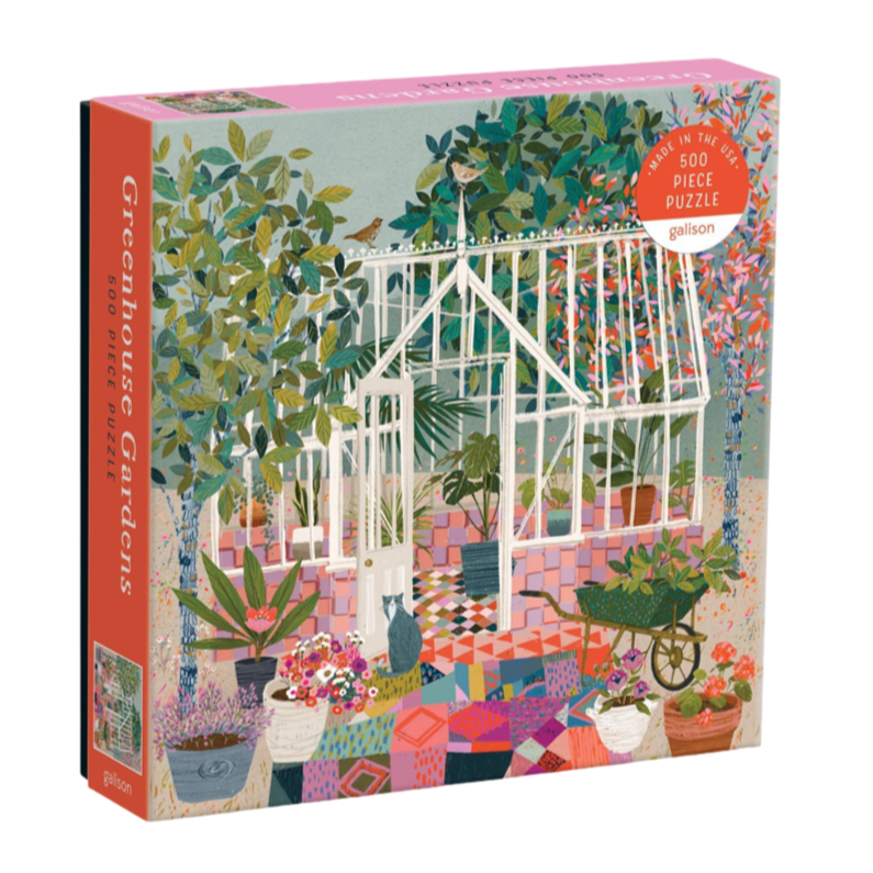 greenhouse puzzle, garden puzzle, Galison puzzle, 500 piece jigsaw, plant lover gift, colorful garden puzzle, USA made puzzle, recycled paper puzzle, puzzle for adults, floral puzzle