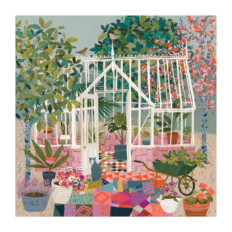 greenhouse puzzle, garden puzzle, Galison puzzle, 500 piece jigsaw, plant lover gift, colorful garden puzzle, USA made puzzle, recycled paper puzzle, puzzle for adults, floral puzzle