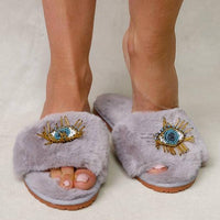 Grey Plush Slide Slippers Evil Eye