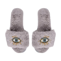 Grey Plush Slide Slippers Evil Eye