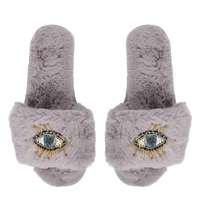 Grey Plush Slide Slippers Evil Eye