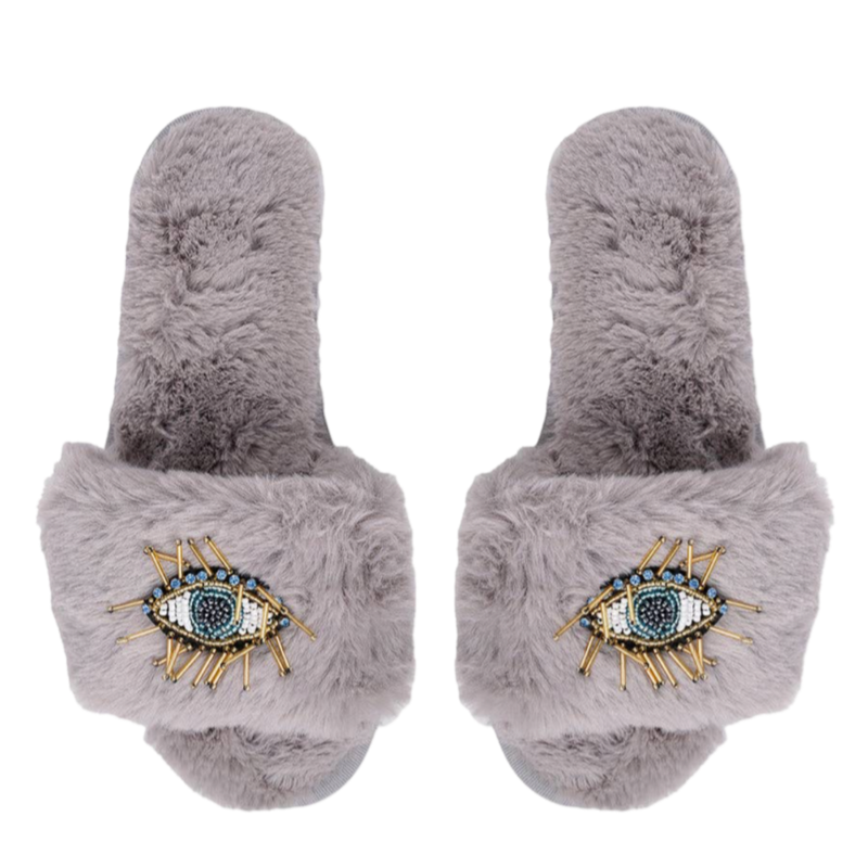 Grey Plush Slide Slippers Evil Eye