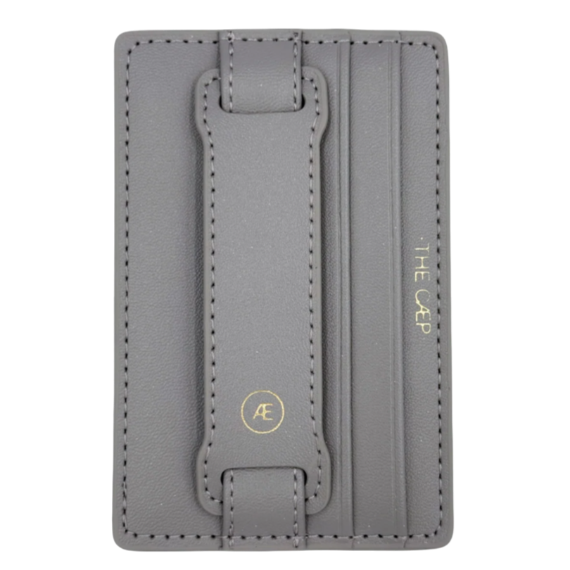 Gray cardholder with brand logo on a white background