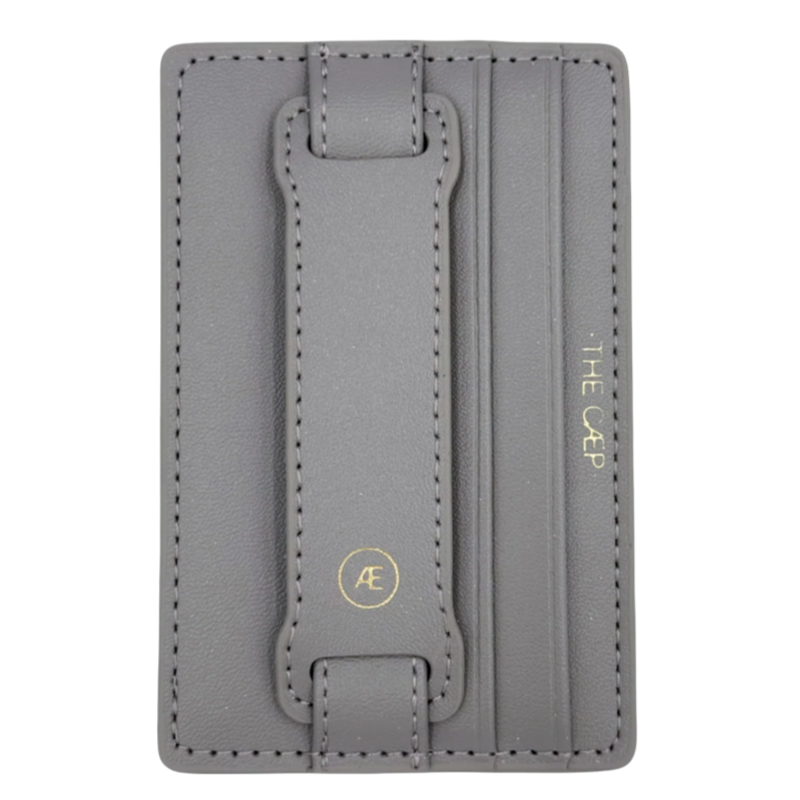 Gray cardholder with brand logo on a white background