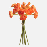 Orange faux baby ranunculus flower bunch with six stems and multiple petite silk blooms