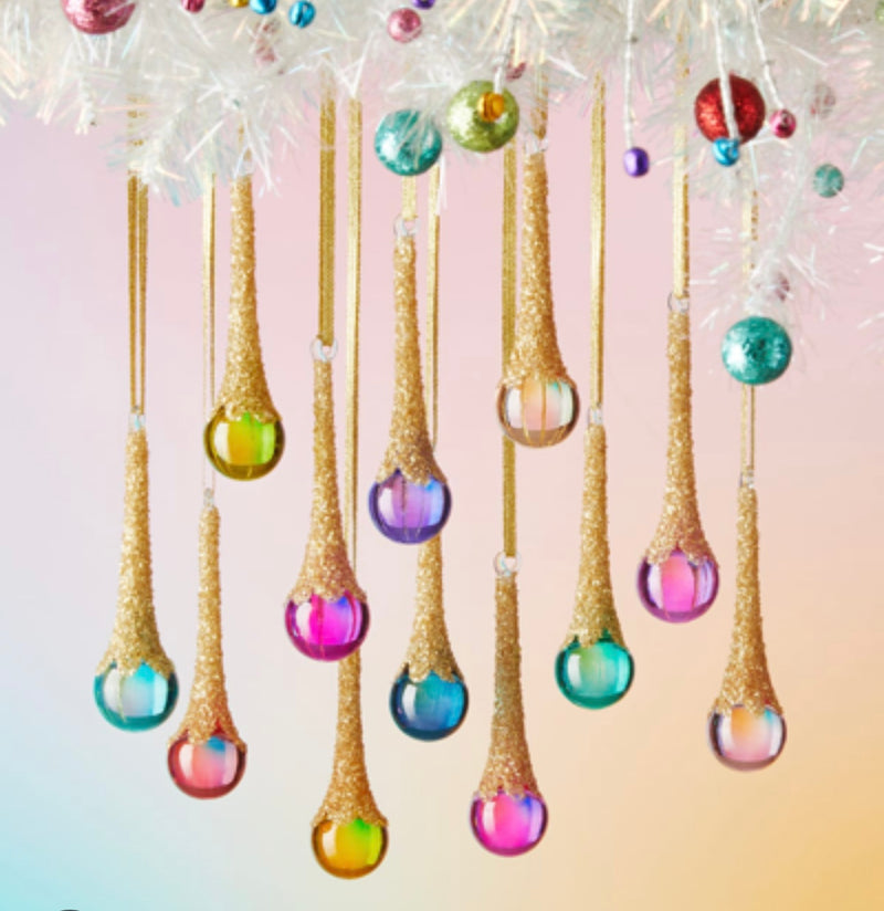 Glitterville gold and colored glass drop ornaments