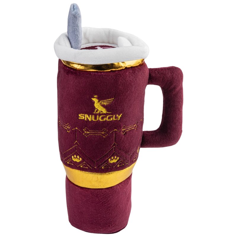 haute diggity dog snuggly cup, stanley dog toy dupe, maroon dog toy cup, funny dog toys, plush squeaky dog toy, trendy dog toy, dog toy tumbler, luxury pet toys