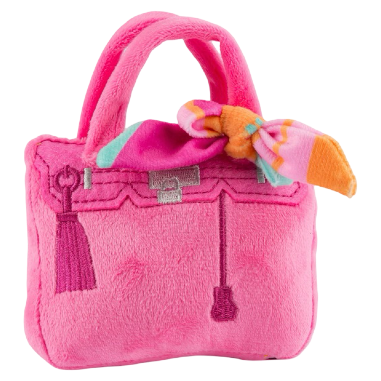 Pink plush handbag with a bow on a white background