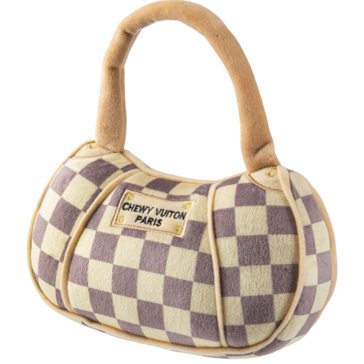 Checkered pet toy with brown handle labeled 'Chewy Vuiton Paris' on a white background