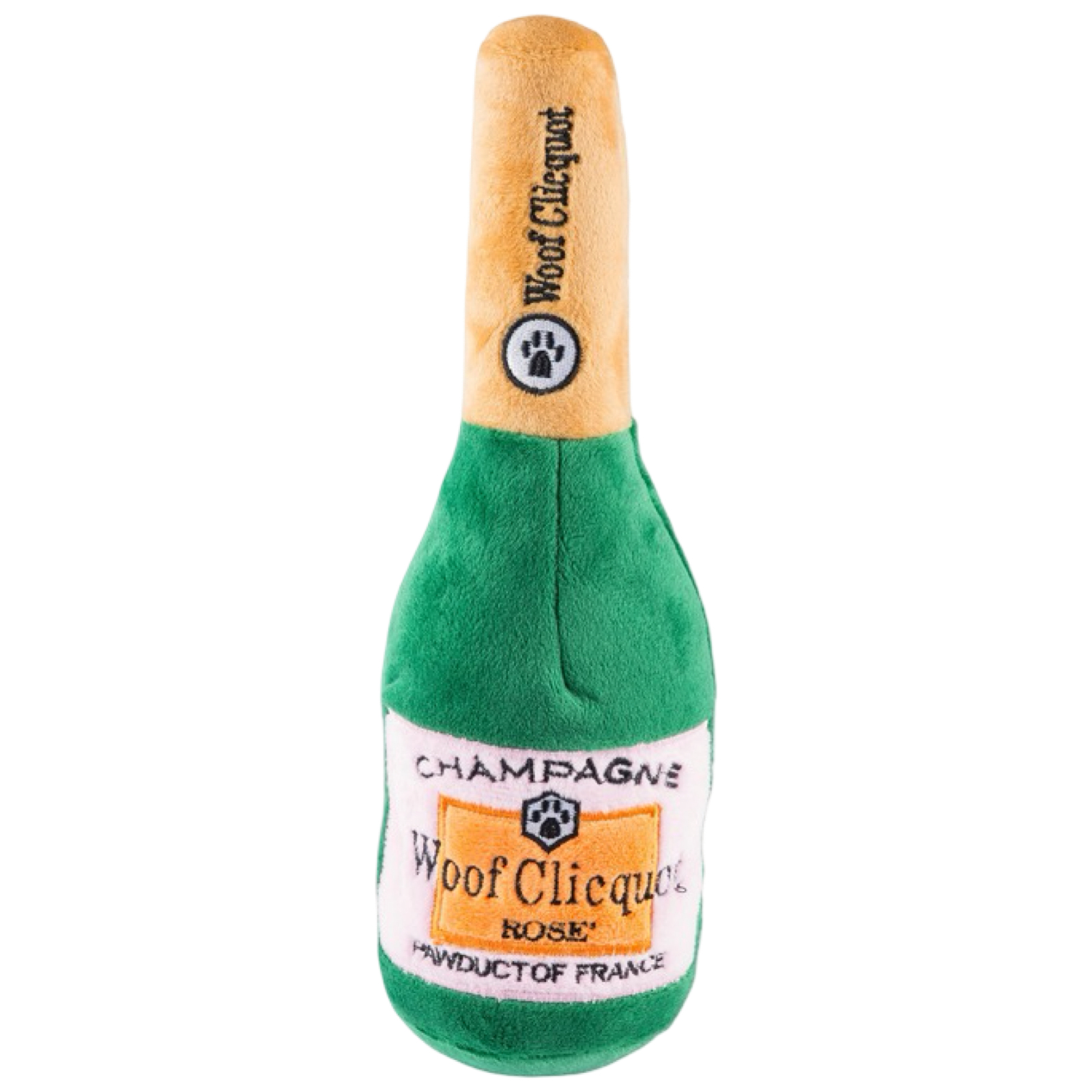 Plush toy shaped like a champagne bottle with 'Woof Clicquot' branding on a white background