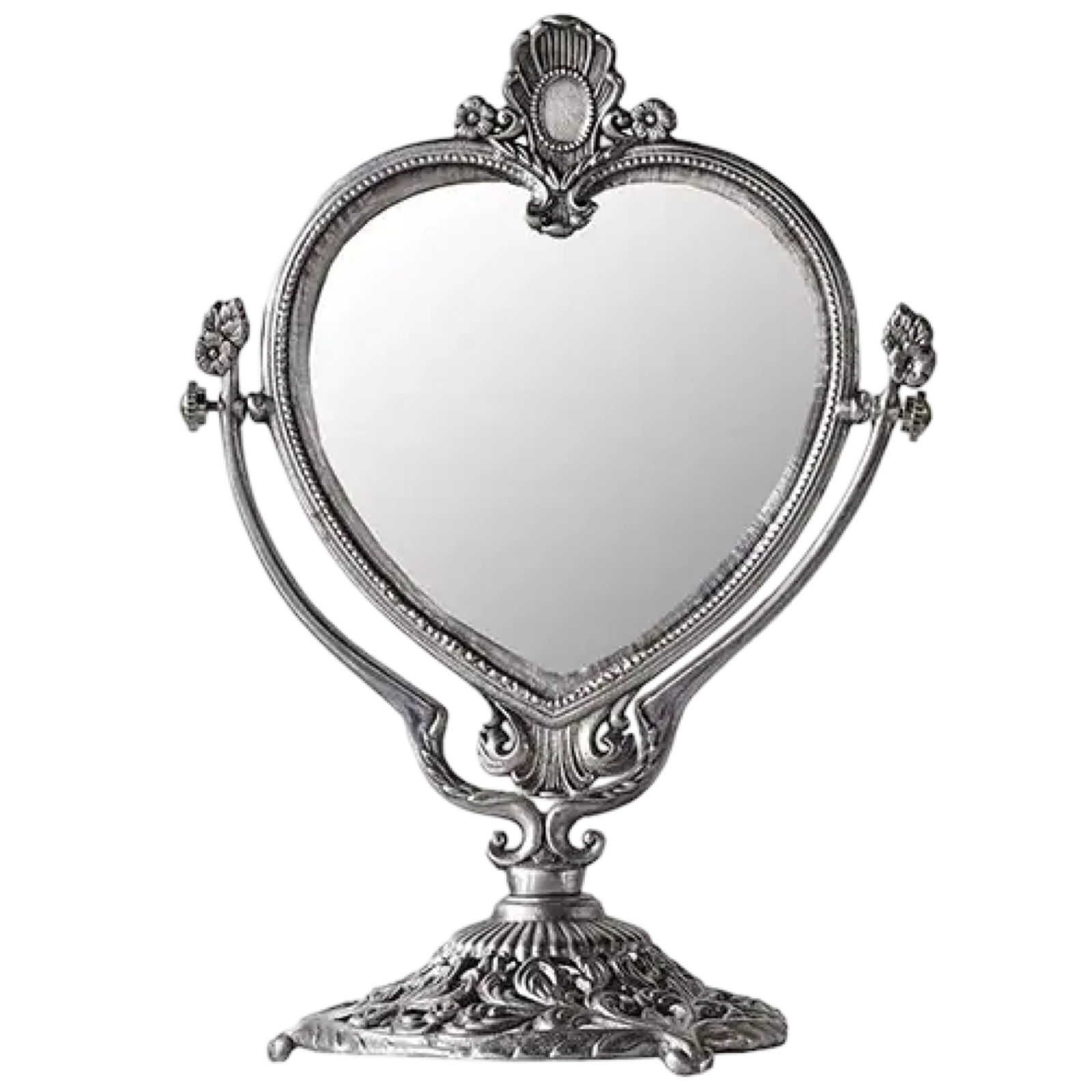 Decorative heart-shaped mirror with ornate frame on a white background