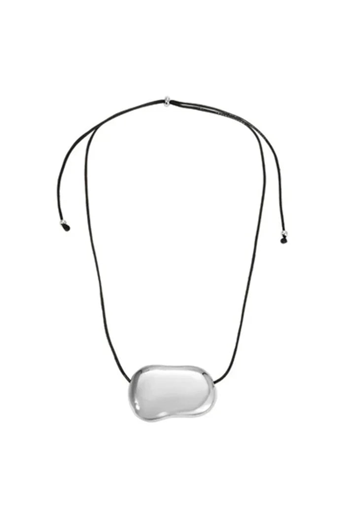 Necklace with a rectangular silver pendant on a white background