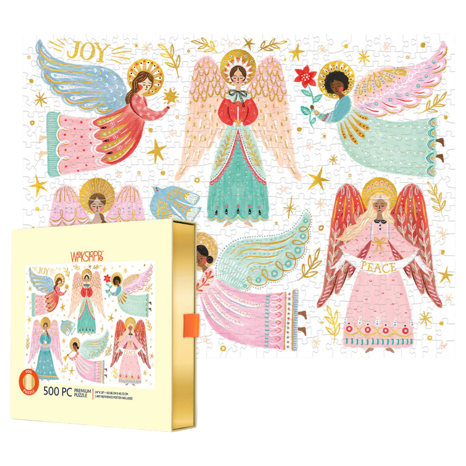 Packaging of a 500-piece puzzle with angel illustrations on a white background