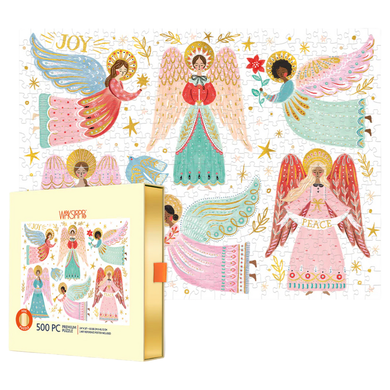 Packaging of a 500-piece puzzle with angel illustrations on a white background