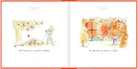 Illustrated book pages with autumn-themed scenes and text.