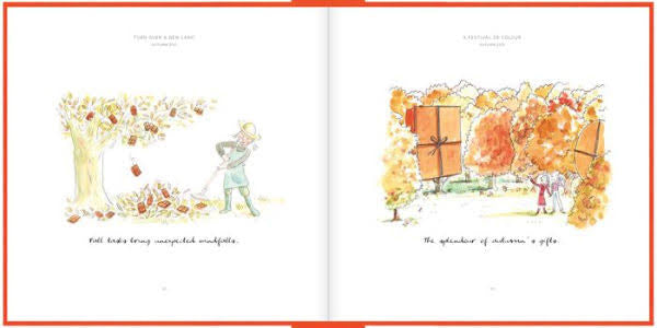 Illustrated book pages with autumn-themed scenes and text.