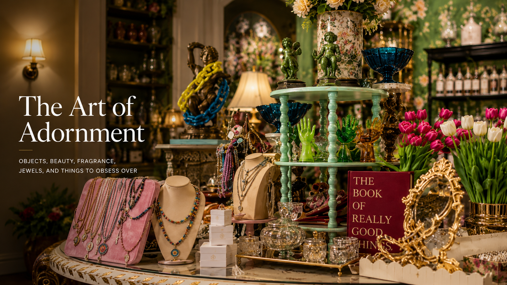 Warm, maximalist jewelry and home boutique display featuring layered necklaces, colorful beaded jewelry, pink velvet displays, tulips, antique-inspired decor, floral arrangements, decorative glassware, and curated luxury objects with text reading “The Art of Adornment.” Oh, Meredith boutique homepage banner showcasing jewelry, beauty, fragrance, and collected treasures.