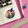 Sticker of three characters on a laptop with a pencil and ruler on a pink background