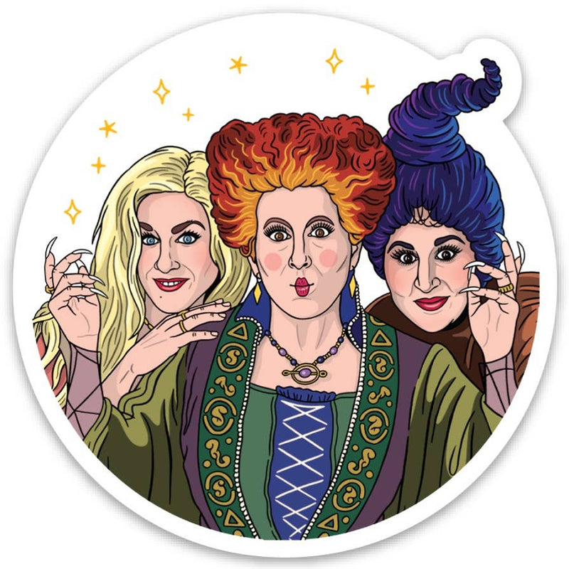 Illustration of three witches with colorful hair and detailed clothing on a white background