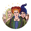 Illustration of three witches with colorful hair and detailed clothing.