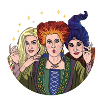 Illustration of three witches with colorful hair and detailed clothing.
