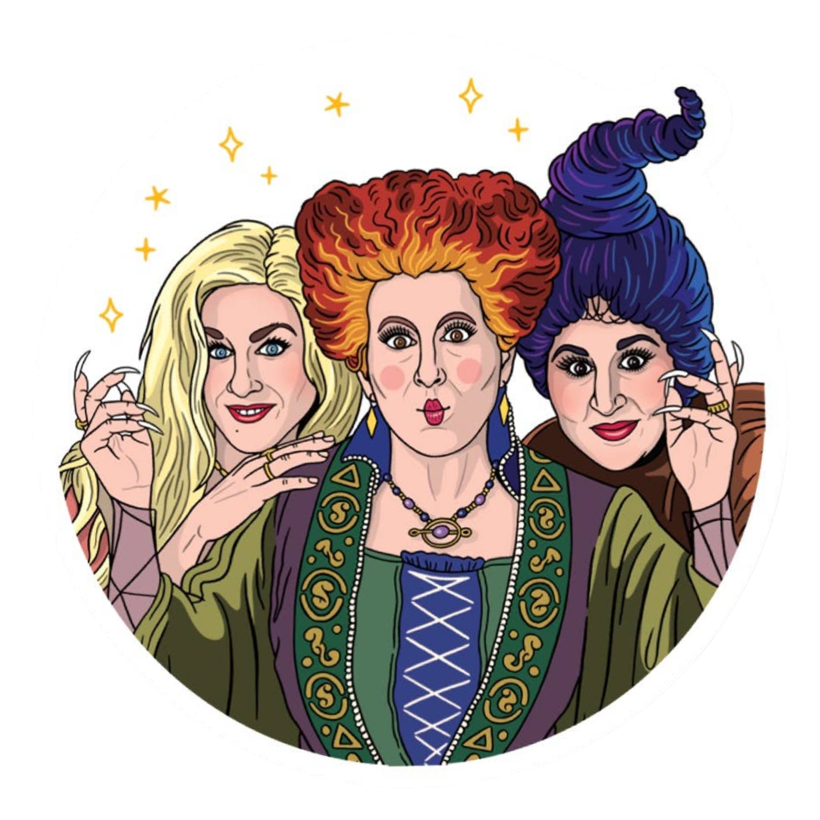 Illustration of three witches with colorful hair and detailed clothing.