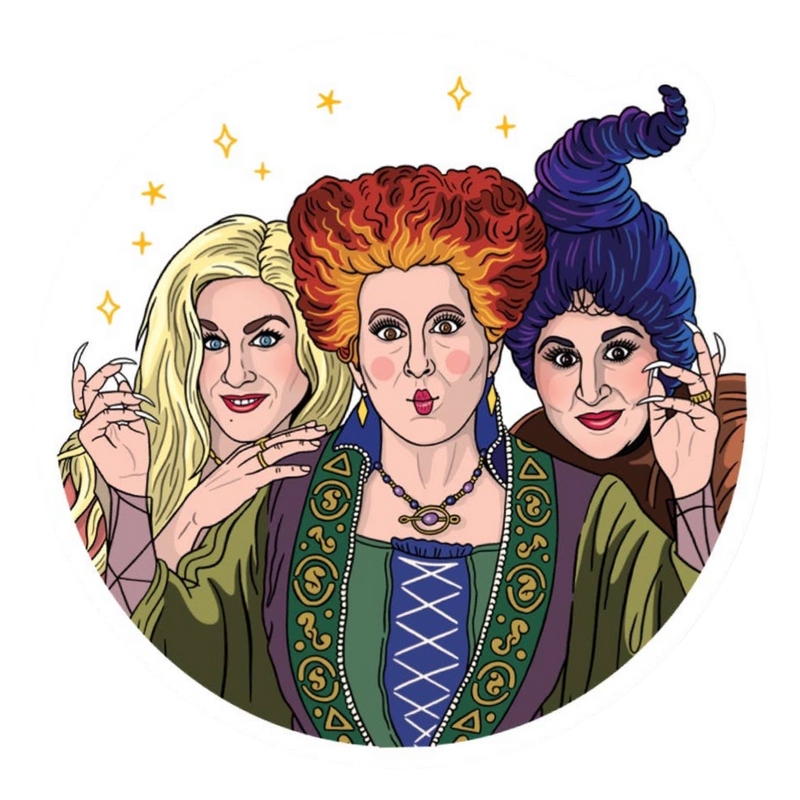 Illustration of three witches with colorful hair and detailed clothing.