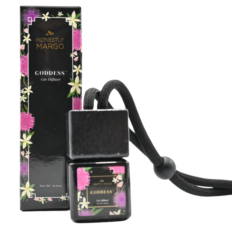 Honestly Margo Goddess car diffuser with packaging on a white background