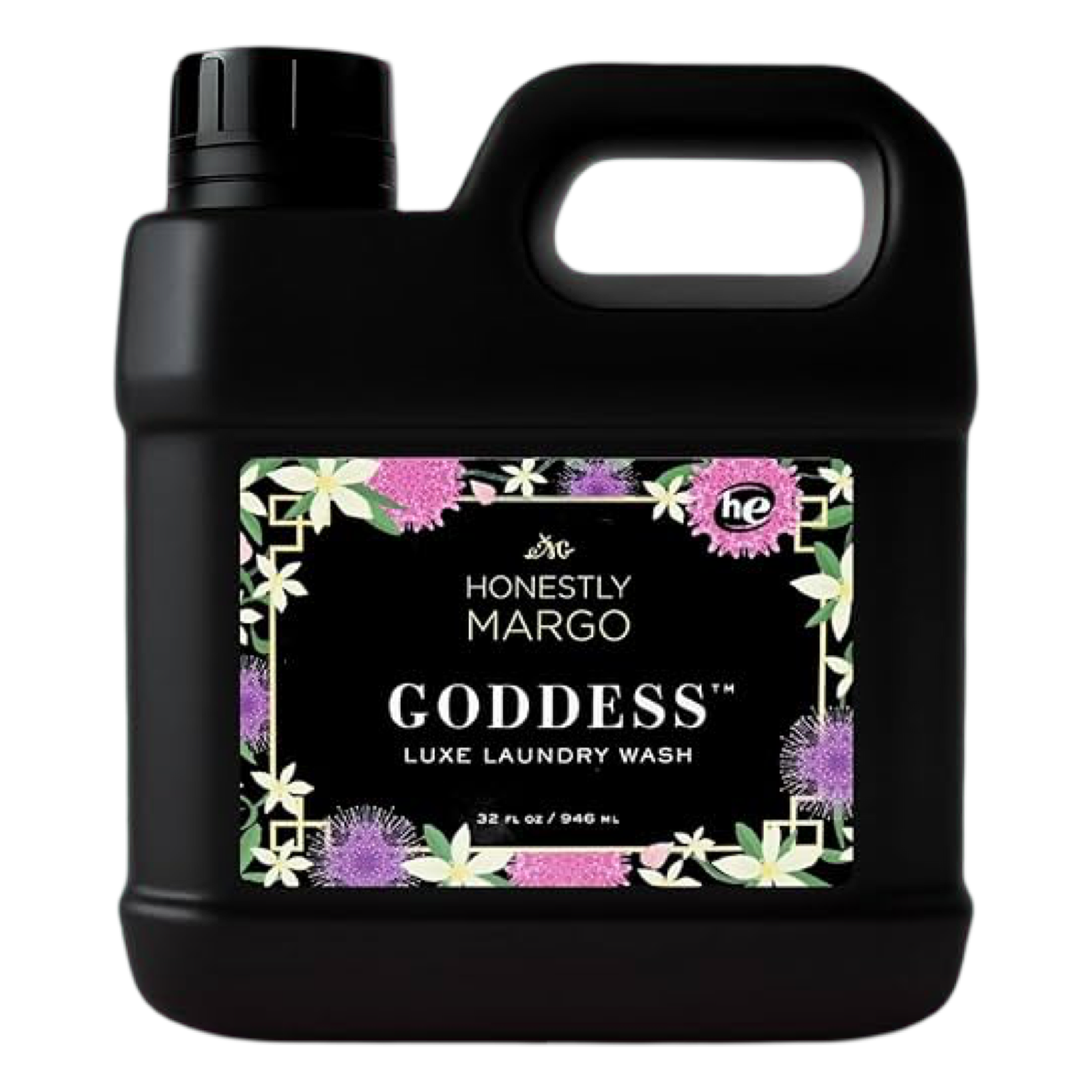 Black bottle of Honestly Margo Goddess Luxe Laundry Wash on a white background