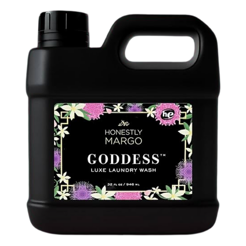 Black bottle of Honestly Margo Goddess Luxe Laundry Wash on a white background