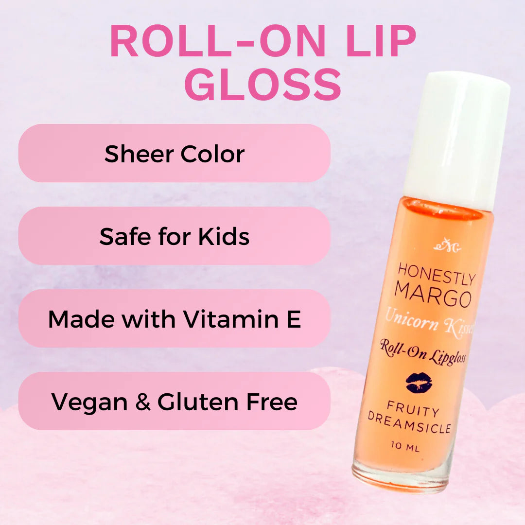 Roll-on lip gloss with product details on a pink and purple gradient background