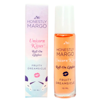 Honestly Margo Unicorn Kisses roll-on lipgloss with packaging on a white background