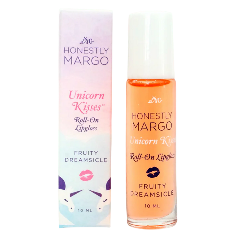 Honestly Margo Unicorn Kisses roll-on lipgloss with packaging on a white background
