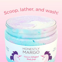 Jar of Unicorn Whipped Body Soap with 'Honestly Margo' branding on a pink background.