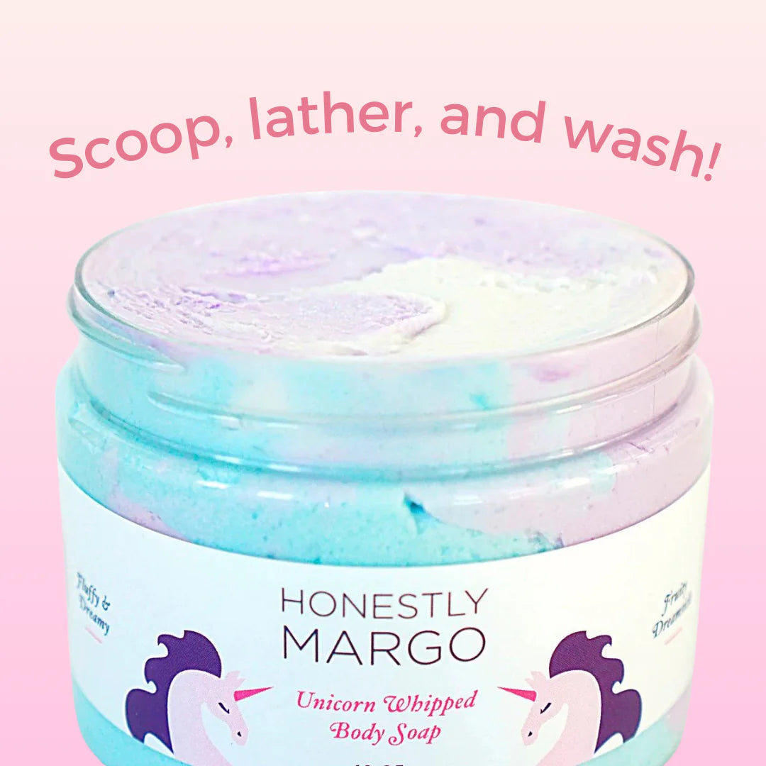 Jar of Unicorn Whipped Body Soap with 'Honestly Margo' branding on a pink background.