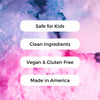 Text on a colorful abstract background indicating product features.