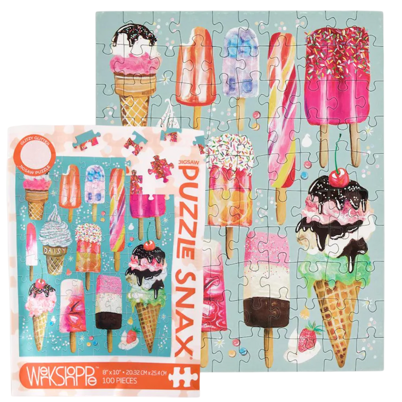 ice cream puzzle, kids puzzle, summer jigsaw puzzle, 100 piece puzzle, puzzle snax, glitter puzzle, frozen treat puzzle, mini puzzle, eco-friendly puzzle, dessert puzzle
