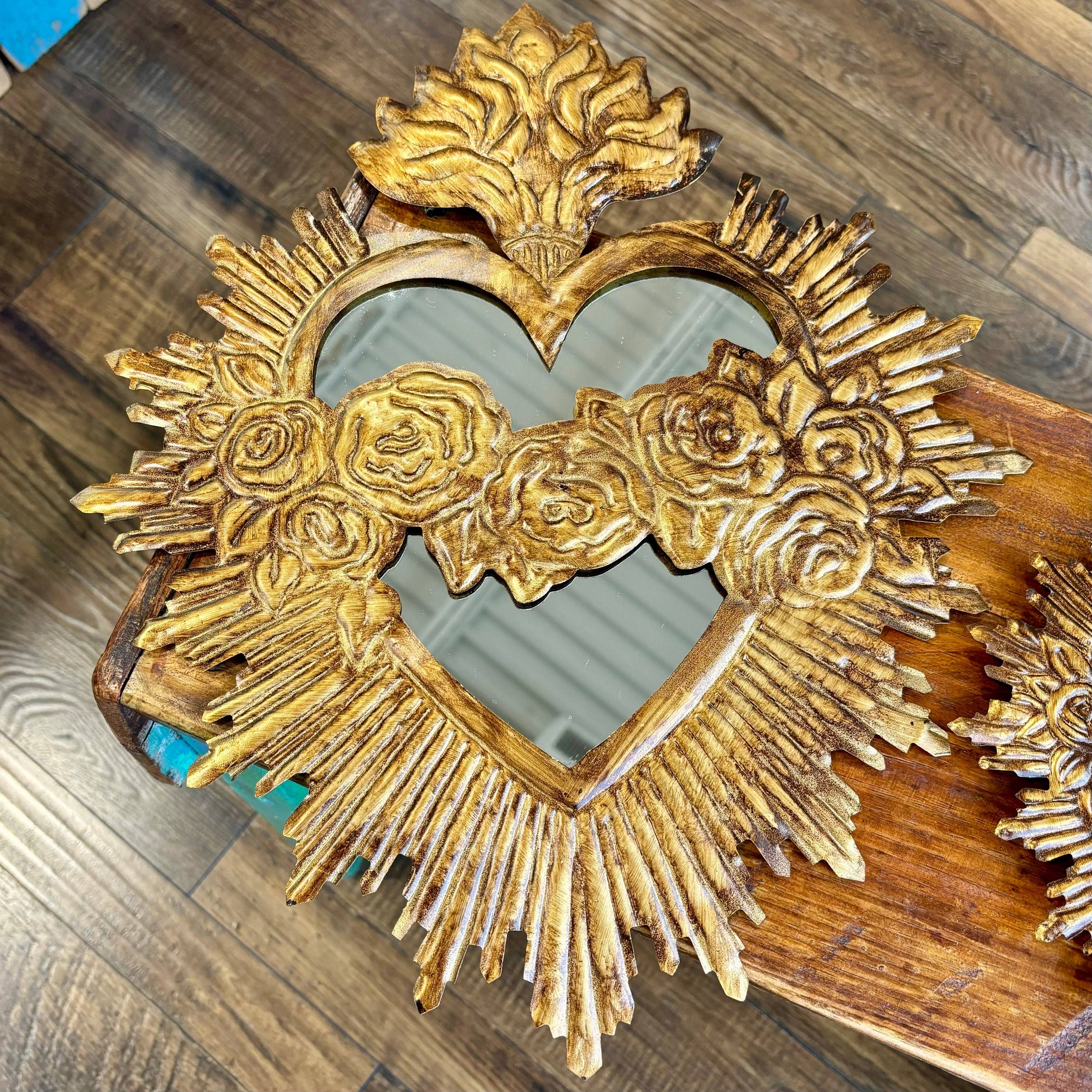 immaculate sacred heart gold tin rosary jesus mirror handmade