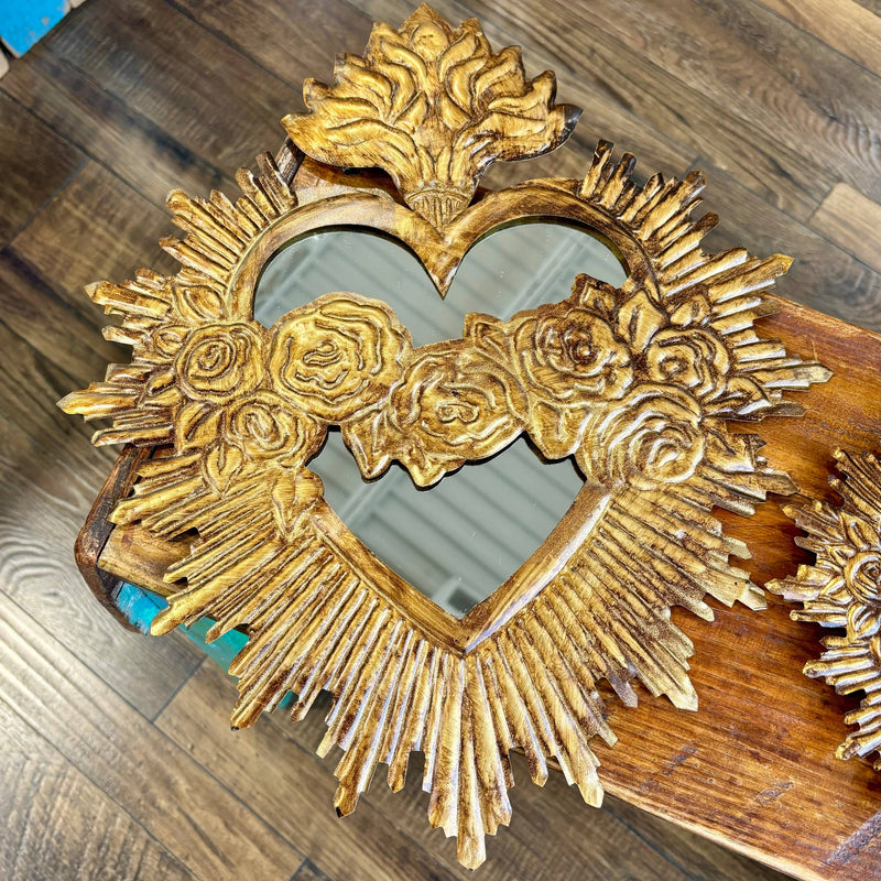 immaculate sacred heart gold tin rosary jesus mirror handmade